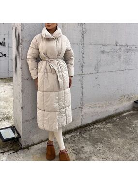 MANGO Ivory Midi Puffer Winter Coat Blanket Wrap around with Belt and Ho…